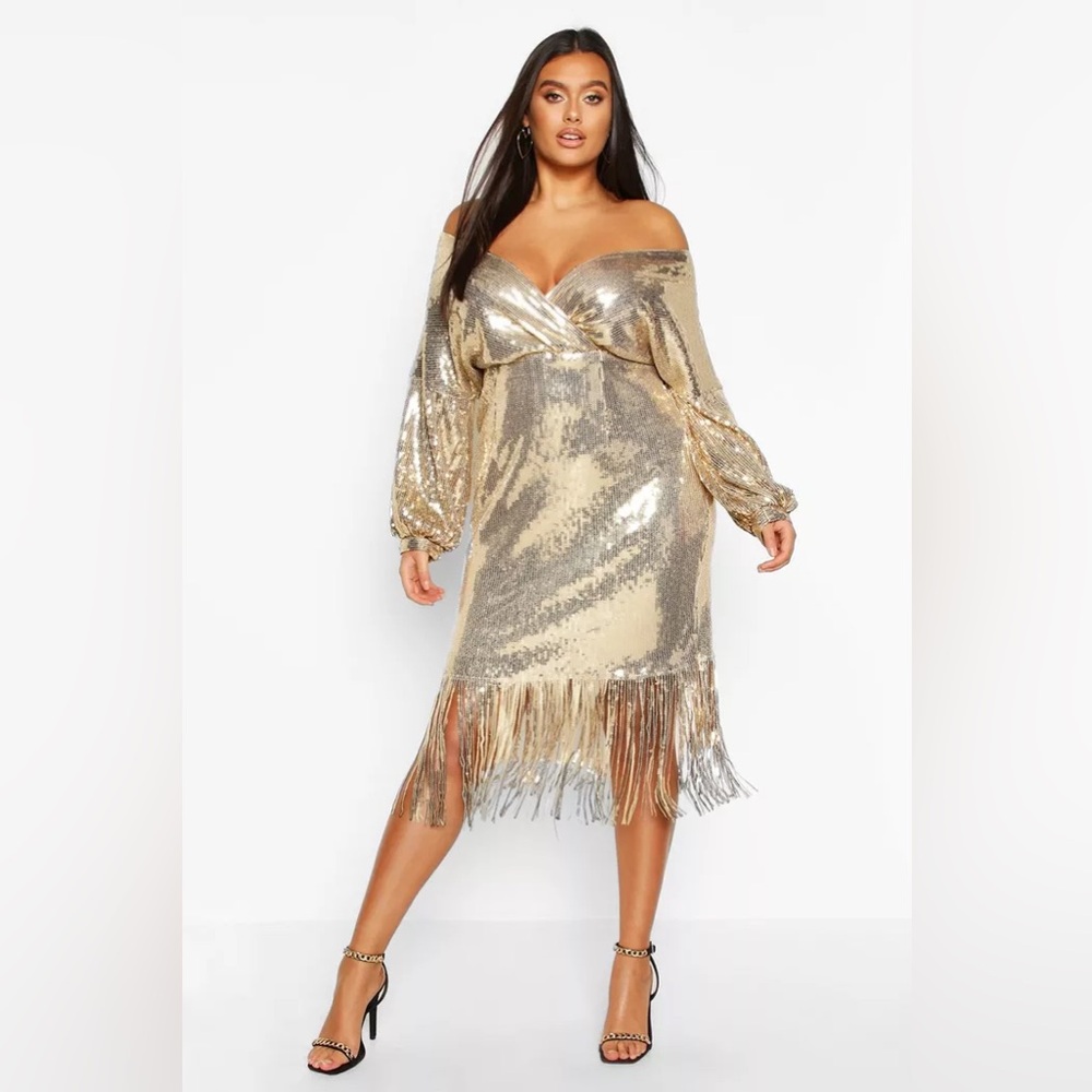 ✨SEQUIN OFF THE SHOULDER WRAP MIDI DRESS✨